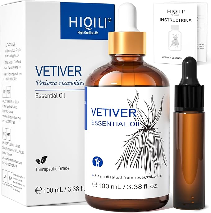 HIQILI Vetiver Essential Oil for Skin, Perfume, Aromatherapy