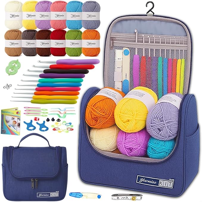 Yarniss Crochet Kit for Beginners,All in One Crochet Kits for Adult,Navy | Ergonomic Crochet Hooks Set with 840 Yards Crochet Yarn & Crochet Accessories,Learn to Crochet with Instruction & Tutorial