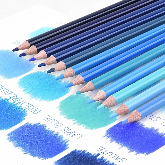 12Pcs Blue Colored Pencils Set,Professional Drawing Pencils for Adults | Oil Soluble,No Duplicates,Pre-sharpened Wooden Sketch Pencil Art Supplies for Coloring Books