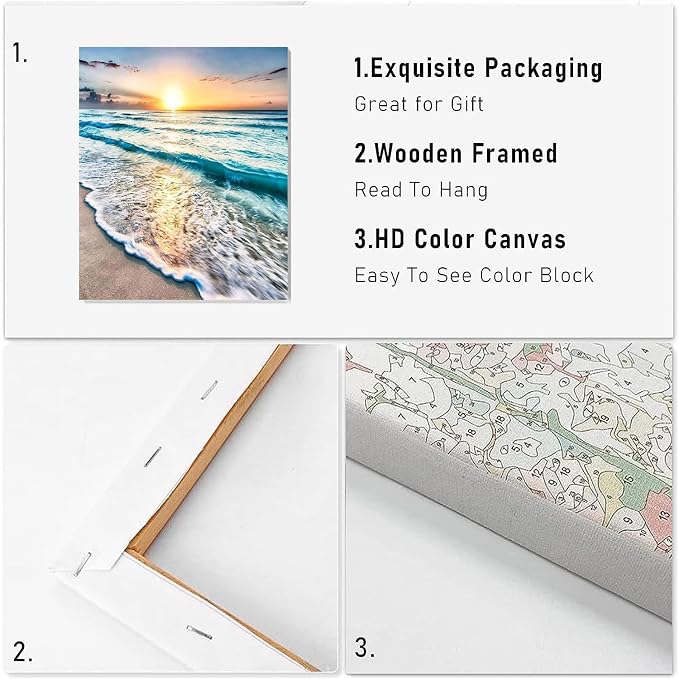 VIGEGU Beach Landscape Paint by Numbers Kit for Adults with Framed | Paint by Number DIY Adult Paint by Number Kits Acrylic Oil Painting for Wall Decor 10x12in