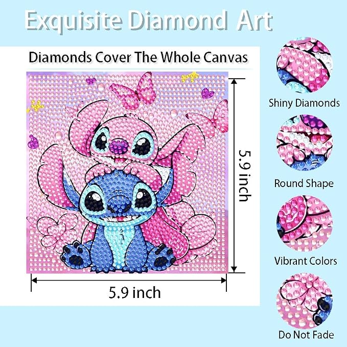 Fuinkqe Diamond Art Kits for Kids with Wooden Frame, Cartoon Diamond Art for Kids Ages 4-8-12, Diamond Art Painting Mosaic Kits for Gift Home Wall Decor (7x7 inch)