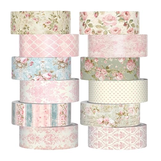 12 Rolls Floral Washi Tape Set,Vintage Pink,Rose | Watercolor Flowers Design for Scrapbook Journal DIY Craft School Supplies, 15 mm Vintage Decorative Masking Washi Tapes