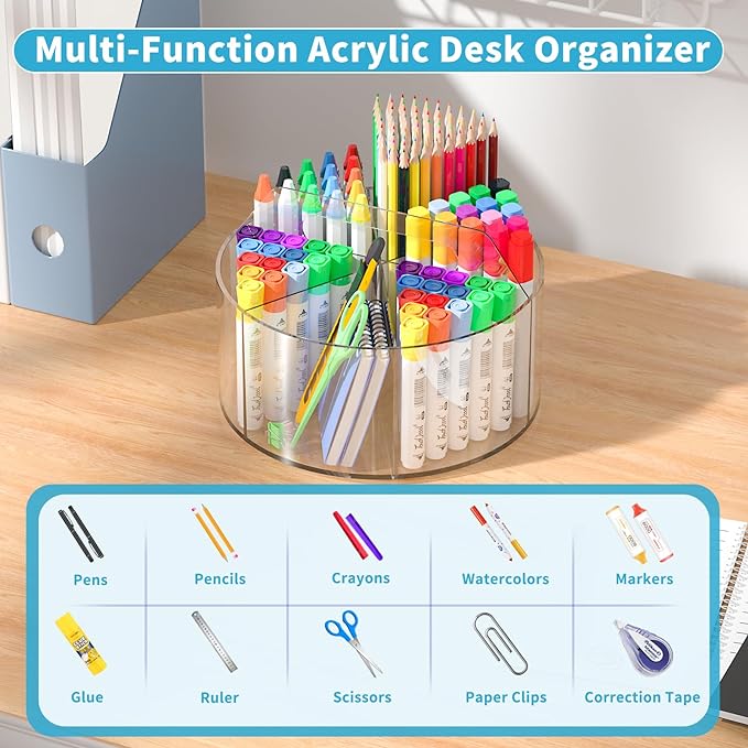 360 Degree Acrylic Desk Organizer Clear Pen Holder for Desk Kids 2 Packs | Pencil Holder Rotating Lazy Susan Organizer for School Supplies, Marker Holder Art Supply Storage Organizer with 6 Dividers