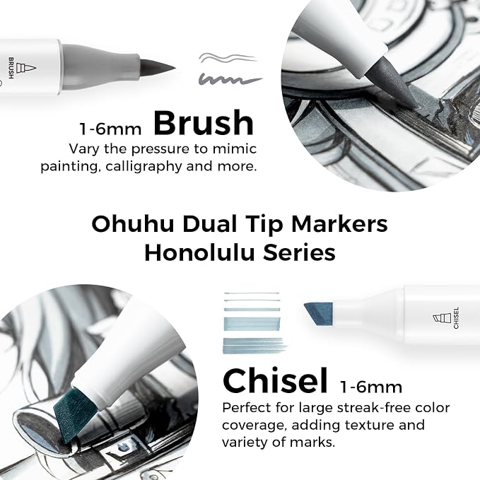 Ohuhu Alcohol Markers Brush Tip Grey-tone-Dual Tips Alcohol Based Art Marker Set for Artist Adults' Coloring Illustration Shading-36 Grayscale Colors w/ 1 Blender-Fine&Brush-Honolulu B (Chisel&Brush)