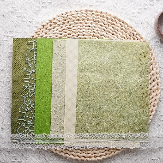 15Pcs Handmade Scrapbook Art Paper Craft Textured Paper Colorful A5 sheet Mesh Special Mix for Scrapbooking Junk Journal Journaling Supplies DIY Materials,5.8x8.2 inches (Green)