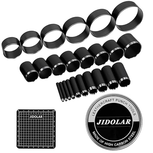 24 Pieces Leather Circle Cutter Tool Set, Hole Punch Tools with 1-15mm 20 25 30 35 40 45 50 55 60mm, High Carbon Steel Round Cutting Dies, Hole Punch Tool Kit for DIY Leather Crafts