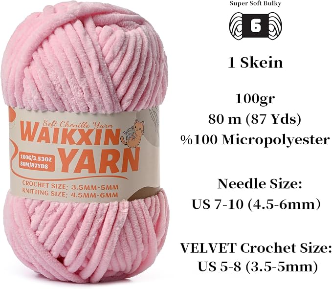 （Pink） Super Soft Fuzzy Chenille Chunky Yarn for Crocheting, 100g (87yds) Velvet Fluffy Amigurumi Yarn for Hand Knitting Baby Blankets Weaving Craft