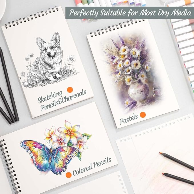 12 Pack Sketch Books 5.5 × 8.5 in, Top Spiral, 30 Sheets, Acid Free | 100gsm Paper, Dry Media Friendly, Acid-Free Paper, Portable Size, Flat-Lay Spiral Design