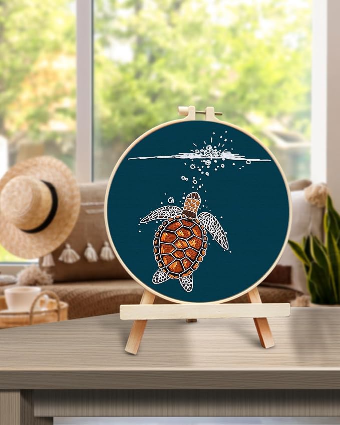 TINDTOP Embroidery Kit for Beginners Adult, Turtle Embroidery Practice Kit | Include Embroidery Cloth Hoops Threads for Craft Lover Hand Stitch with Embroidery Skill Techniques