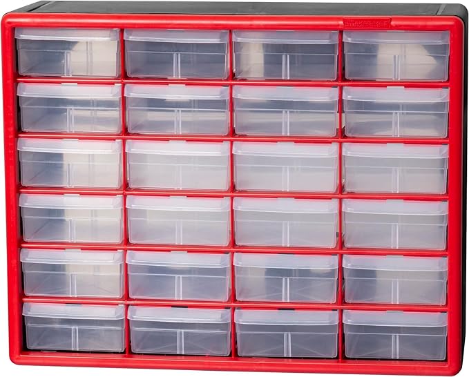 Akro-Mils 24-Drawer Plastic Storage Cabinet, 20"W x 6"D x 16"H, Red | Plastic Cabinet w/ Drawers for Garage Organization, Beads, Building Bricks Storage, Teacher Toolbox, Makeup Organizer, 10124