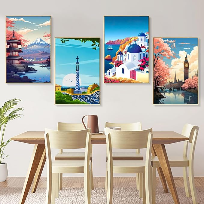 4 Pack Framed Paint by Numbers Kit for Adults with Wooden Easel, Landscape Paint by Number Kits with Frame, Acrylic Watercolor Adult Paint by Number Kits on Canvas Framed for Home Decor 8x12 Inch