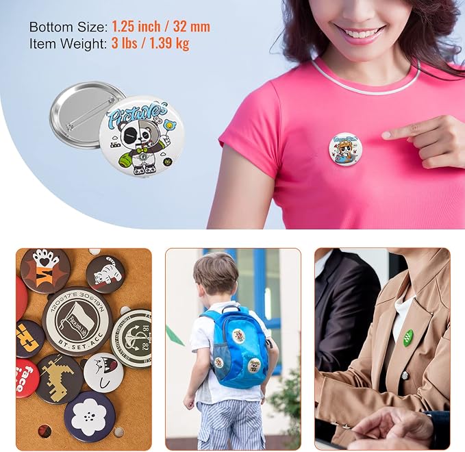 VEVOR 500 Sets 1.25 inch 32mm Pin Back Button Parts for Button Maker Machine, DIY Round Button Badge Parts, Set Includes Metal Top, Plastic/Metal Button, Clear Film, and Blank Paper For Gifts Presents