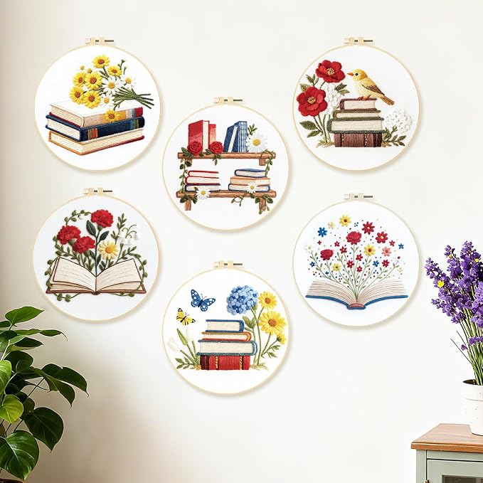 BEUNITONE 6 Set Books Flowers Embroidery Kit for Adult Beginners with Hoops and Instructions Literary Themed Needlepoint Craft Kits Complete DIY Handmade Cross Stitch Set for Book Lovers Home Decor