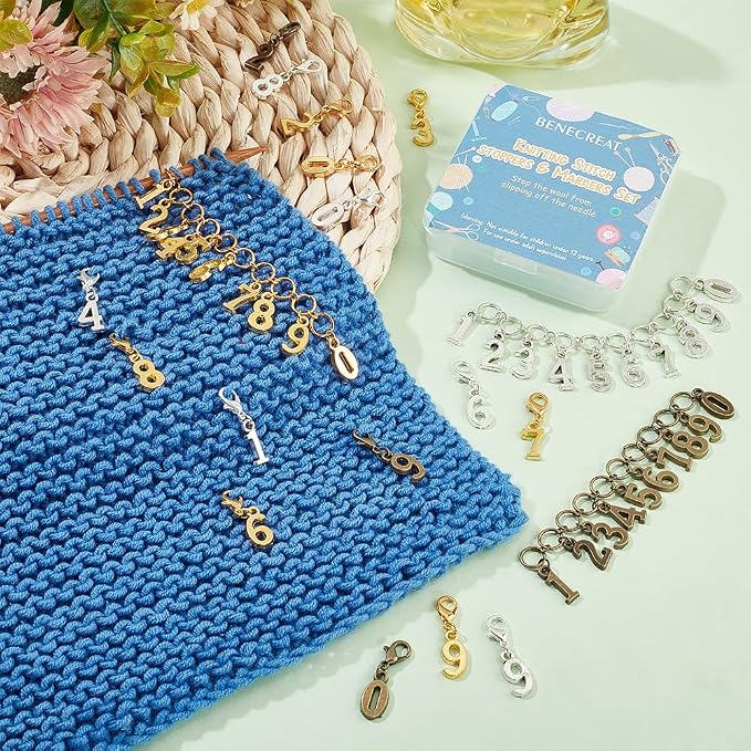 BENECREAT 33Pcs 3 Colors Number Stitch Marker Charms, Number 0-9 Charm Knitting Row Counter Alloy Chain with Clasp Stitch Markers for Knitting Weaving Sewing Accessories
