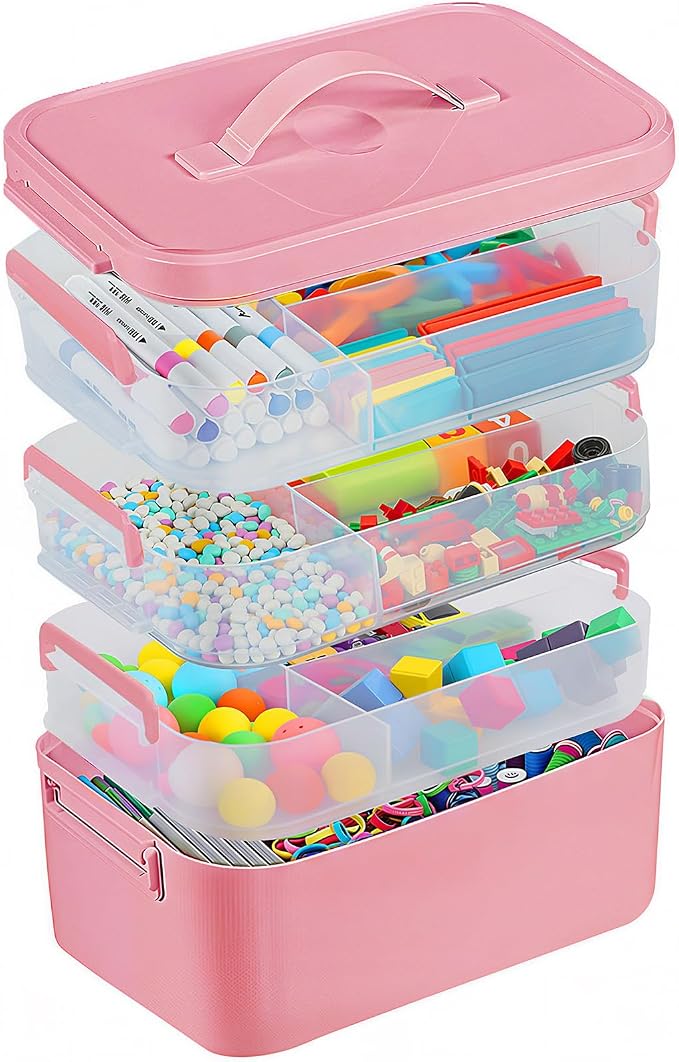 Gifhomfix 4-Layer Plastic Craft Organizers and Storage Box with Removable Trays, Storage Containers with lids and Handle, Art Supply Storage Organizer for Organizing Bead, Sewing, Tool（Pink）