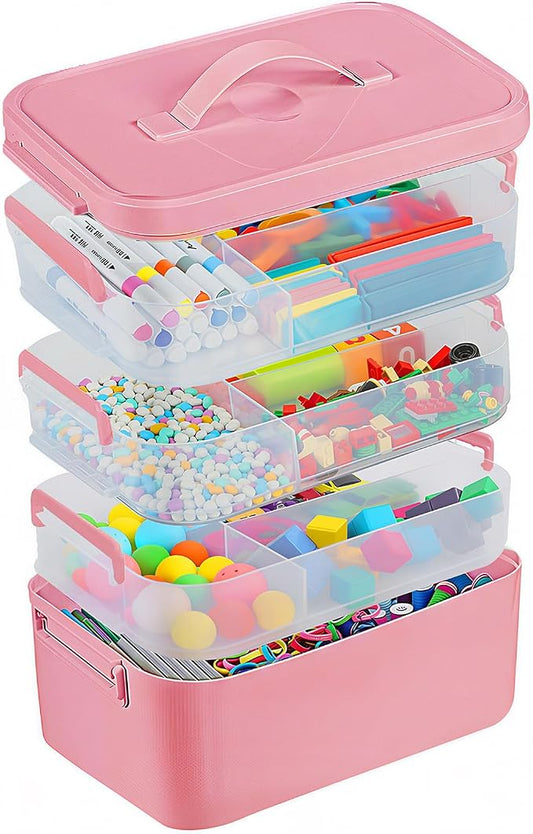 Gifhomfix 4-Layer Plastic Craft Organizers and Storage Box with Removable Trays, Storage Containers with lids and Handle, Art Supply Storage Organizer for Organizing Bead, Sewing, Tool（Pink）