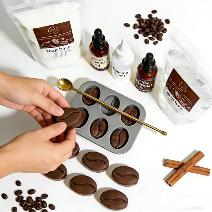DIY Coffee Soap Making Kit for Beginners, Complete Handmade Craft Set with Coffeebean Molds, Soap Base, Foaming Agent, Sweet Almond Oil, Coffee Fragrance, Gift Ready