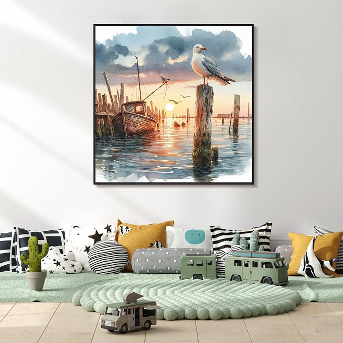 Seagull Framed Paint by Numbers Kit for Adults Beginner & Kids Ages 8-12 | With Frame Canvas 10x10 inch, DIY Acrylic Painting by Numbers Sunset, Stress Relief Craft Kits, Home Wall Decor Gift