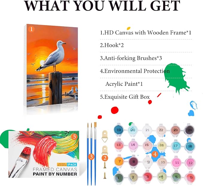 Fountor Seagull Framed Paint by Numbers Kit for Adults Beginner 8x12 Inch