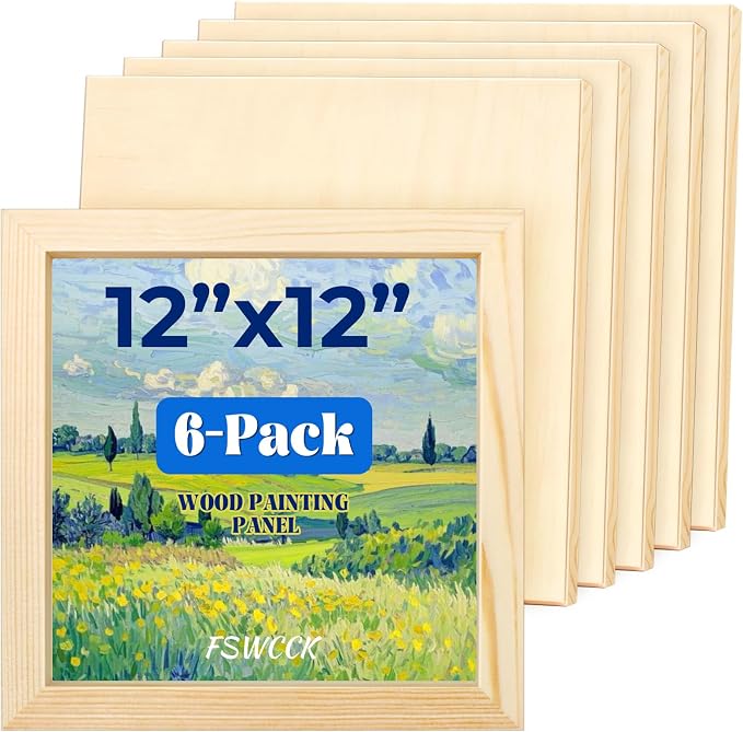 FSWCCK 6 Pack 12 x 12’’ Wooden Panel Boards, 0.79’’ Deep Unfinished Wood Canvas Panels for Crafts, Painting Canvas, DIY Art Projects, Pouring Arts