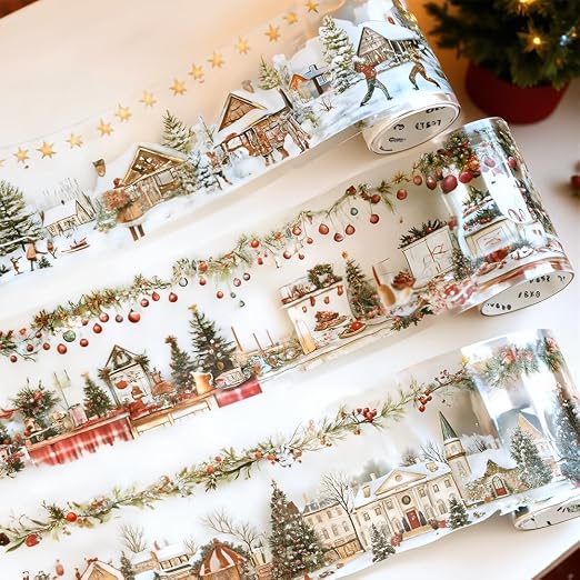 3 Rolls Christmas Washi Tape Set, 65mm x 2m PET Scrapbook Tape Christmas Stickers for Scrapbooking Supplies Winter Xmas Landscape Washi Tape Scrapbook Stickers for Journaling Washitape Masking Tapes