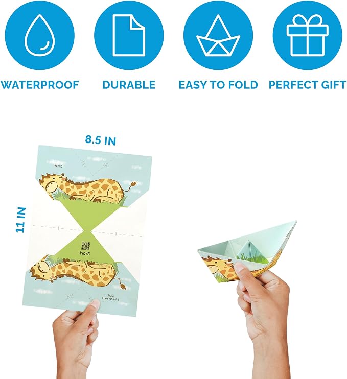 WOYS Floating Origami Boats | Savannah Set | Waterproof Premium Reusable Paper | Screen-Free DIY Arts & Crafts Activity & Gift | 5 Sheets | Bath, Pool & Indoor Play