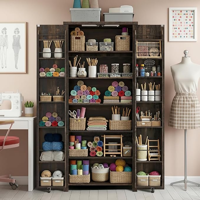 NEWOWNDS 72" H Craft Storage Cabinet with LED Lights | Adjustable Shelves Sewing Organizer, Multi-Purpose Sewing Cabinet for Craft Room/Home Office Storage,Brown