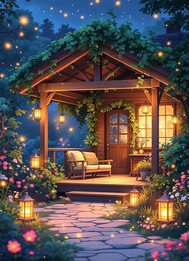 Accompany Wind Diamond Painting Kits for Adults, Garden Courtyard Diamond Art Kits for Beginners,5D Round Full Drill Diamonds Gem Art Crafts for Home Wall Decor Gifts 12x16 Inch
