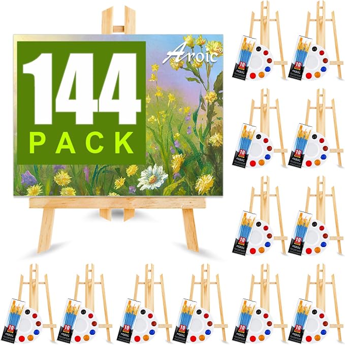144 PCS Professional Painting Set, 12 PCS Wood Easels,12 Pack 120 Brushes | with Nylon Brush Head and 12 PCS Palettes, Painting Supplies kit for Kids & Adults Party