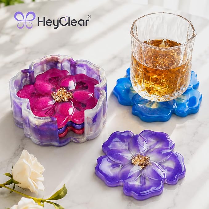 HeyClear 5Pcs Coaster Silicone Resin Molds, Flower Coaster Epoxy Resin Molds with Holder Mold, Resin Casting Molds for Table Coasters, Home Decoration and DIY Art Crafts