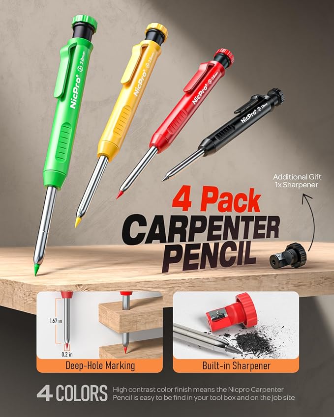 Nicpro 4 Pack Carpenter Pencil with Sharpener, Mechanical Carpenter Pencils