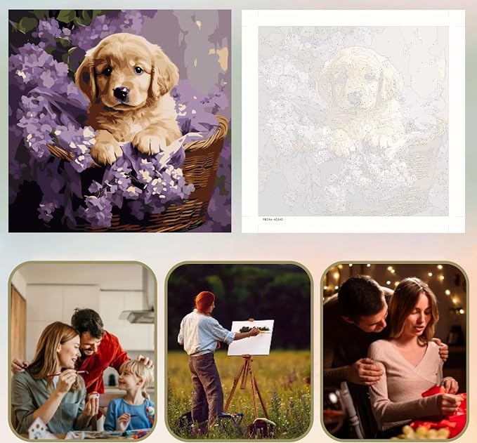 5DDIYART Dog Flowers Paint by Numbers for Adults Beginner, Paint by Number Kits on Canvas, Easy Acrylic Painting Home Wall Decor 15.7x15.7 inch