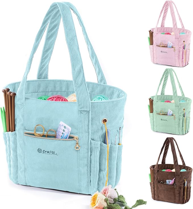 MYBAGZING Corduroy Crochet Bag 11.5" Large Yarn Storage Tote with Grommets, Needle Holders – Knitting Bag Organizer for Crochet Hooks, Accessories, Tools & Projects –Gift for Knitters & Crafters