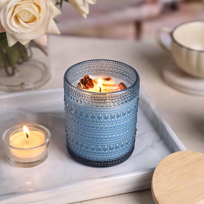 DARJEN 12 Pcs 10 oz Glass Candle Jars with Lids, Candle Container Tins-Blue | Thick Wall Ribbed Glass, Airtight Wood Lids, The go to candle jar for DIY, thoughtful gifters, growing candle brands