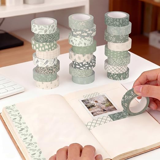 Gueevin 24 Rolls Floral Washi Tapes Set Scrapbook Supplies, Greenery | 15 mm Watercolor Flower Washi Tapes, Back to School DIY Craft Arts, Junk Journaling Planner Gift Wrapping Supplies