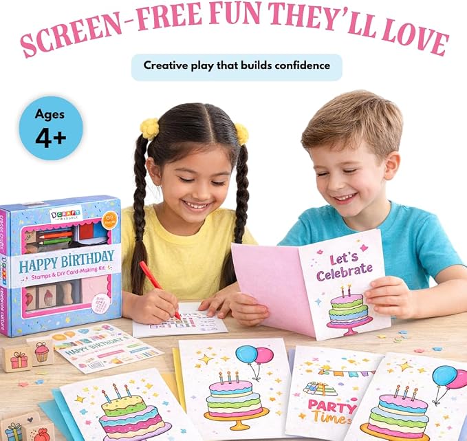 Birthday Card Making Kit -11 Reuseable Wooden Stamps & Ink Pad, 12 Blank Cards with Colorful envelopes, 1 Sheet of Birthday Stickers and 5 Color Pencils Ages 4+