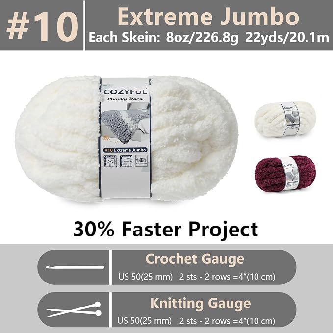 Cozyful Chunky Yarn for Hand Knitting - #10 Chunky Chenille Yarn, Jumbo Big Thick Chunky Yarns for Crocheting, Super Bulky Chunky Knit Blanket Yarns, 8 Skein (22yd, 8oz/Skein), Cream & Wine