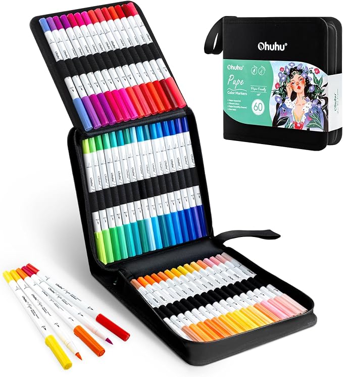 Ohuhu Adult Coloring Book Markers Paper-friendly Water-Based 60 Colors-Pupe