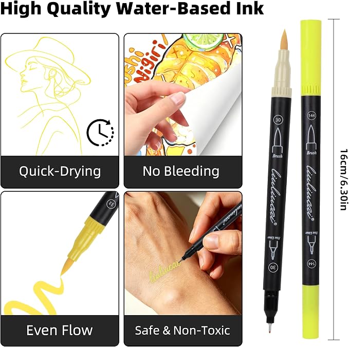 LIULIUCAI 10 Yellow Dual Markers, Fine & Brush Tip Pen for Adult Coloring