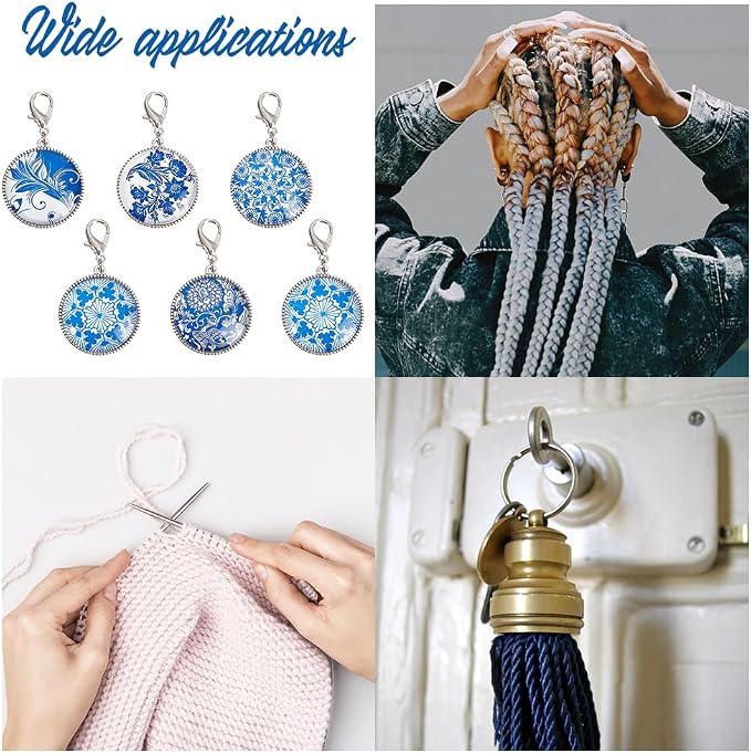 NBEADS 12 Pcs Glass Flat Round with Blue and White Porcelain Pattern Stitch Markers, Zinc Alloy Lobster Claw Clasps Crochet Stitch Marker Charms for Crochet Accessories Quilting Jewelry Making