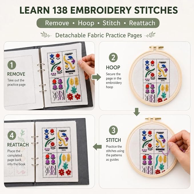 Embroidery Kit for Beginners, 138-Pattern Embroidery Stitch Book with Hoop & 89-Piece Tool Set, Portable Loose-Leaf Hand Embroidery Starter Kit for Adults & Teens, Home, Travel and Craft Classes