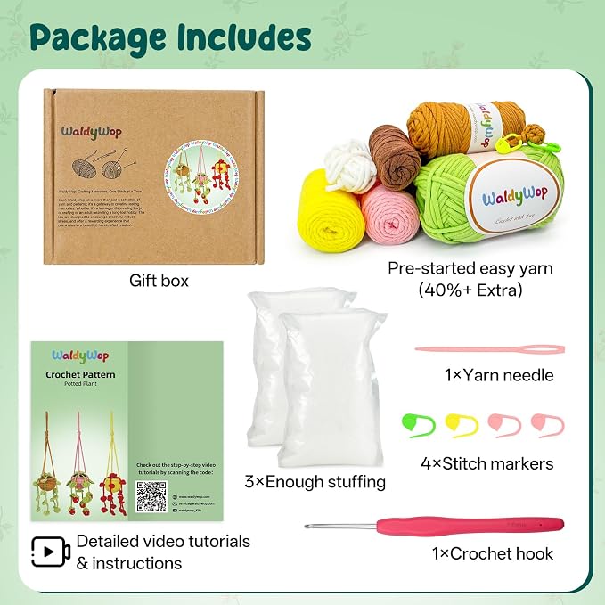 WaldyWop Crochet Kit for Beginners: 3 PCS Hanging Potted Crochet Plants Kits for Adults Kids 8-12 - Easy Video Tutorials & Printed Instructions & 40% Extra Yarn - DIY Birthday Gift Set for Girls Women