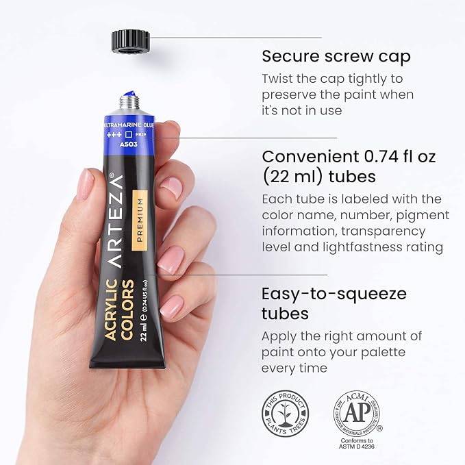 ARTEZA Acrylic Paint Set, 12 Colors, 22 ml / 0.74 oz Tubes, High-Viscosity