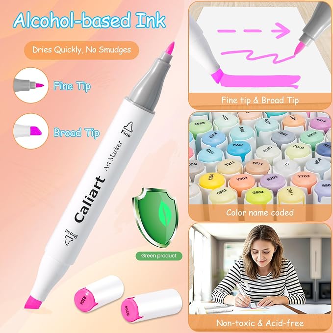 Caliart Pastel Alcohol Markers 61 Colors Fine & Chisel Dual Tip Art Markers | Coloring Markers Set with Carrying Case for Adults Coloring Book Drawing Sketching Painting Illustration