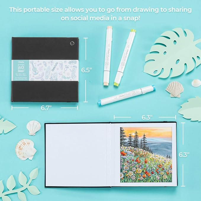 Ohuhu 6.3"x6.3" Double-Sided Bleedproof Marker Pad Art Sketchbook 60 Sheets | Small Square Sketch Book - 90 LB/150 GSM Smooth Drawing Paper - 60 Sheets/120 Pages -Hardcover Sketch Pad for Alcohol Markers