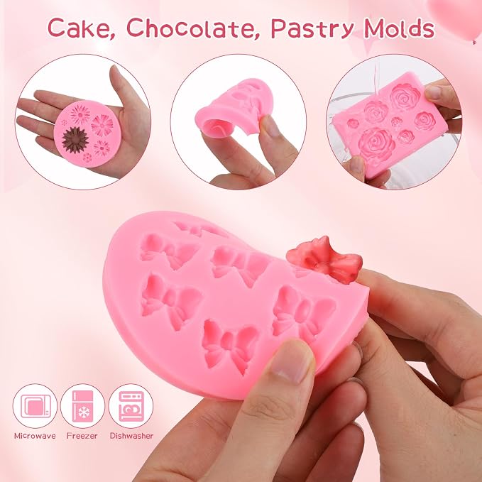 Pimoys 4 Pcs Flower & Bow Silicone Molds for Chocolate and Candy
