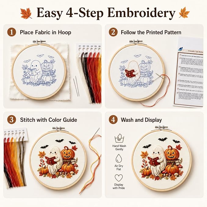 YOUDRN Halloween Ghost Reading Book Embroidery Kit for Beginners Adults