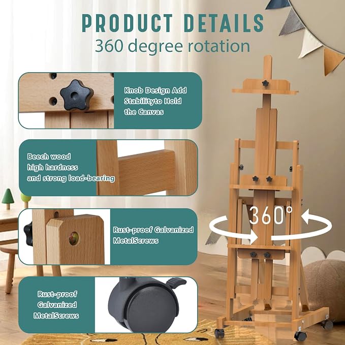 H-Frame Multifunctional Easel, Foldable & Adjustable (Vertical to Horizontal), Holds Two Canvases (Up to 77 Inches), Professional H-Frame Art Easel for Adults