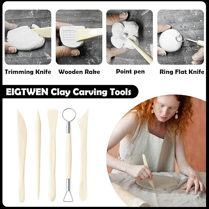 EIGTWEN 100ml Air Dry Clay Glaze and 29pcs Clay Tools Kit, Gloss Varnish | Gloss Glaze, Waterproof,Prevents Clay Scratches & Wear, Air Dry Clay Tool,Dotting Tools,Ball Tools,Carving Tools,Shaper Tools