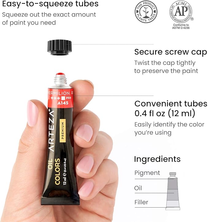 ARTEZA Oil Paint Set – 24 Multicolor Tubes (0.4 Fluid Ounces Each), Vibrant Oil-Based Paints for Canvas & Art Projects